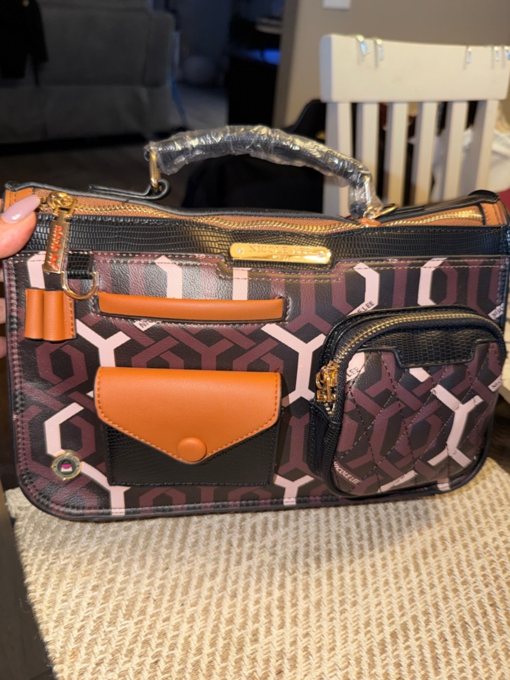 Nicole Lee Pink & Brown Geometric Top-Handle Satchel with Tan Accents